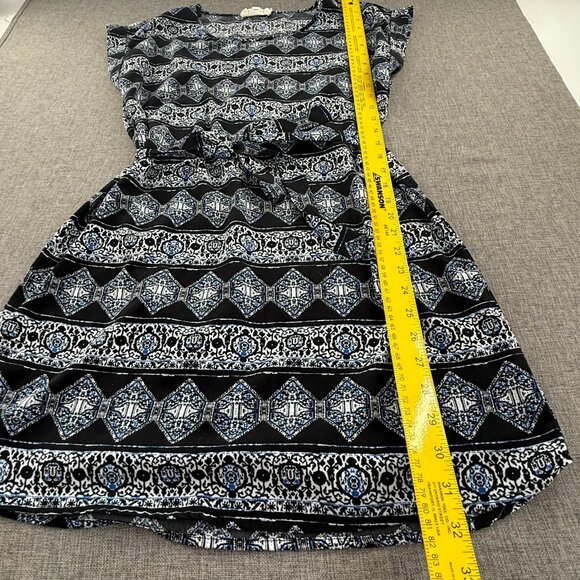 Hippie Rose Dress Tribal Boho Print Waist Tie Medium Cuffed Short Sleeves Lightw - Picture 6 of 11